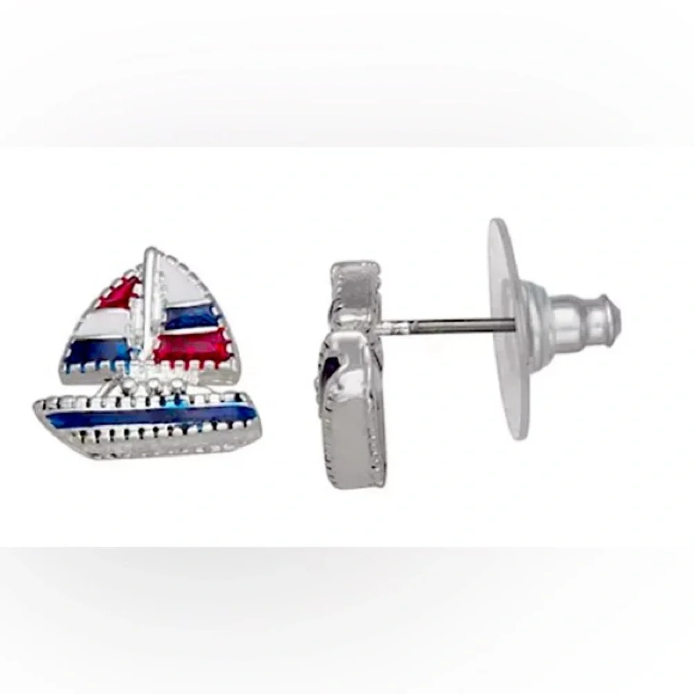 Napier Silver Tone Patriotic Americana Sailboat Earrings - New - Never Worn!